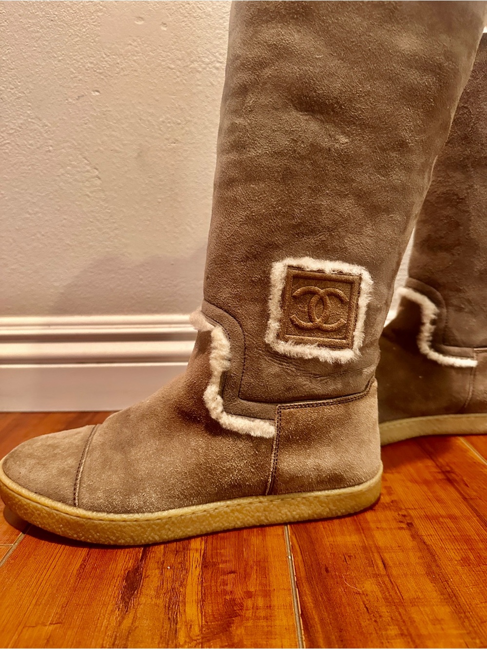 CHANEL Taupe Suede Shearling-Trim Knee Boots